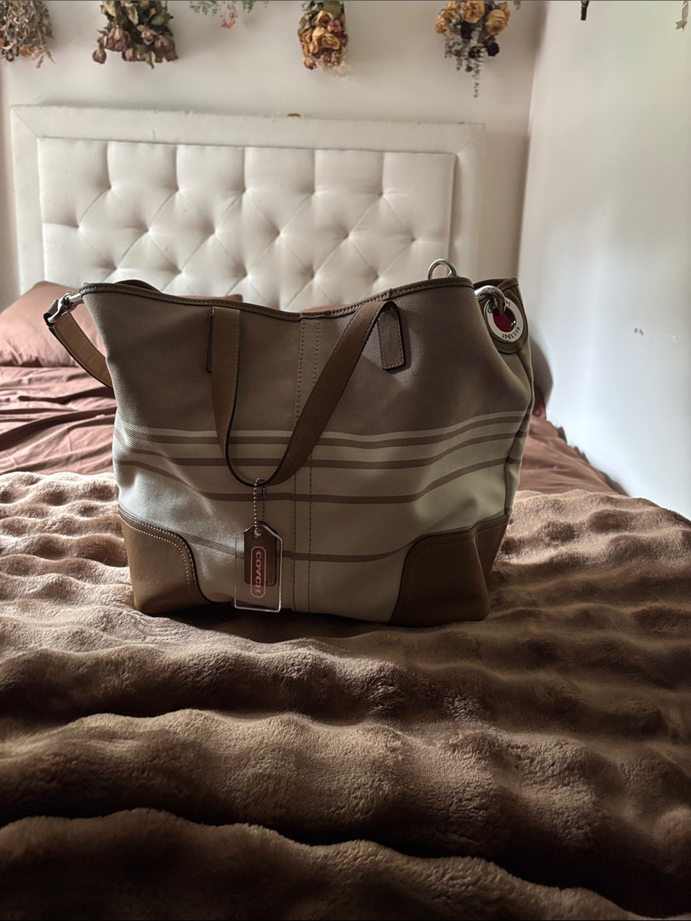 Coach Beige and Brown Striped Canvas Tote